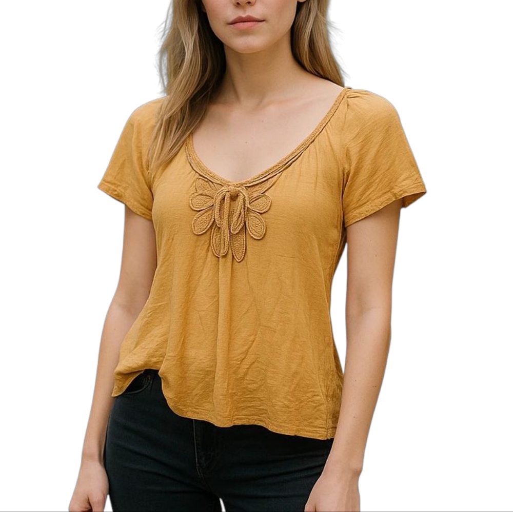 American Rag Yellow Braided V-Neck Short Sleeve Top